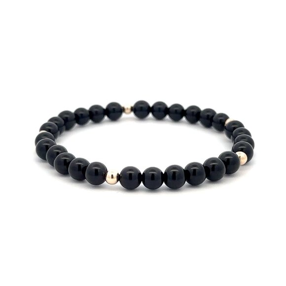 Gemstones Onyx 6mm Stretchable Bracelet 14k Gold Bead Charm - Picture 4 of 6
